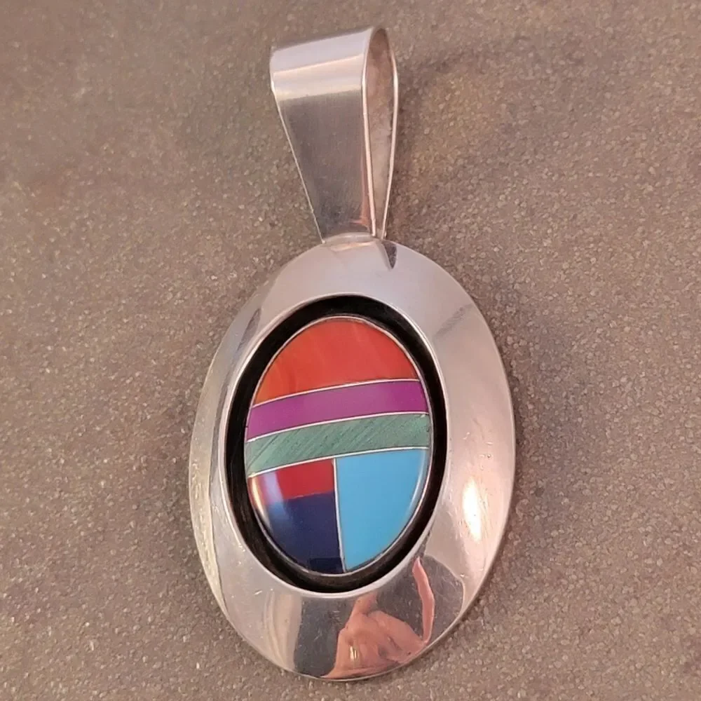 Navajo Willie Saiz Inlaid Multi-Stone Sterling Large Oval Pendant
